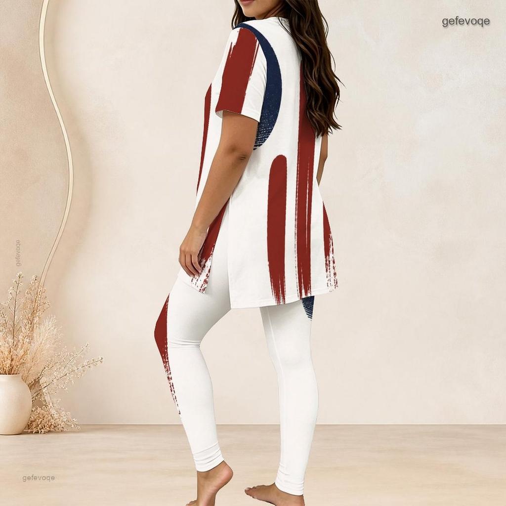 Women Plus Size Round Neck Short Sleeve American Flag Printed Long Top Fitted Pants Two Piece Set