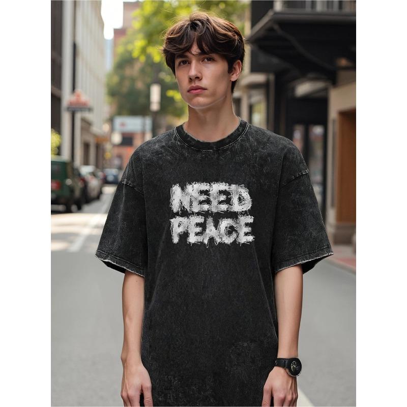 Европейские размеры Мужская футболка с белым принтом-граффити NEED PEACE | Потертая уличная футболка, Свободный крой, Повседневная рубашка, Классический круглый вырез