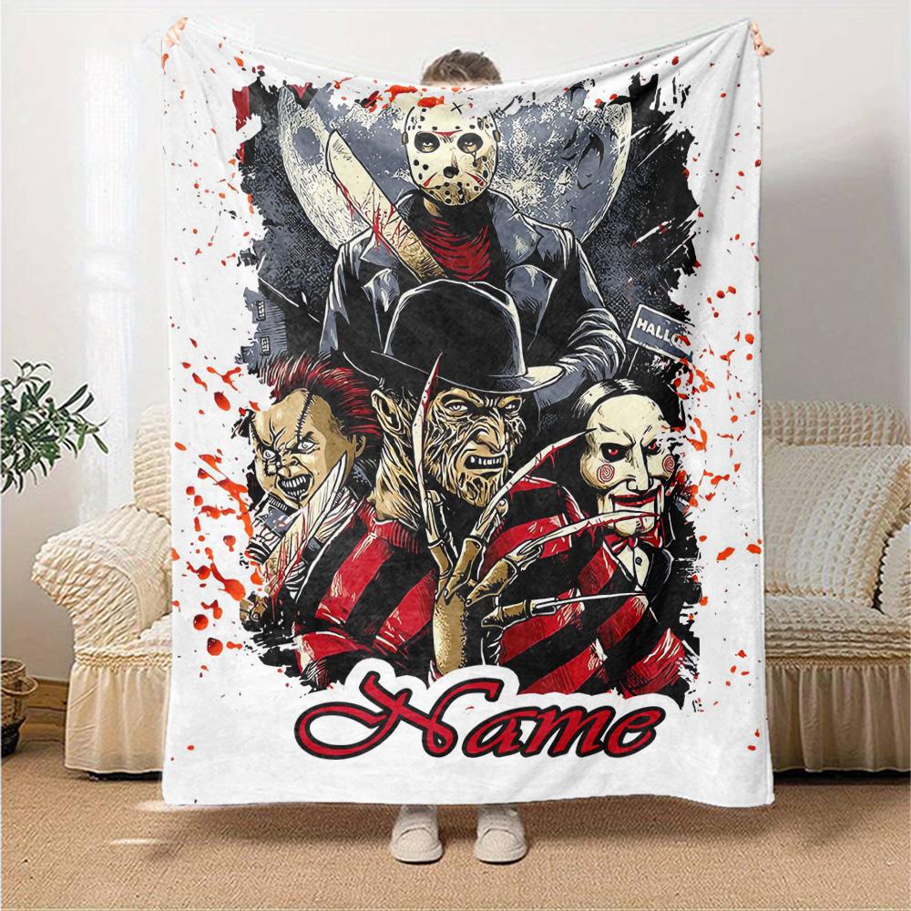 Custom Name Halloween horror Theme Printed Blanket - Perfect for Couch, Bed, Travel & Outdoor Use | Machine Washable, Cozy & Durable.