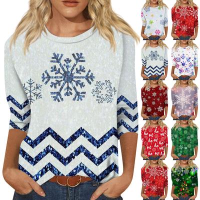 Женская мода повседневная рубашка с круглым вырезом и рождественским принтом, семь рукавов