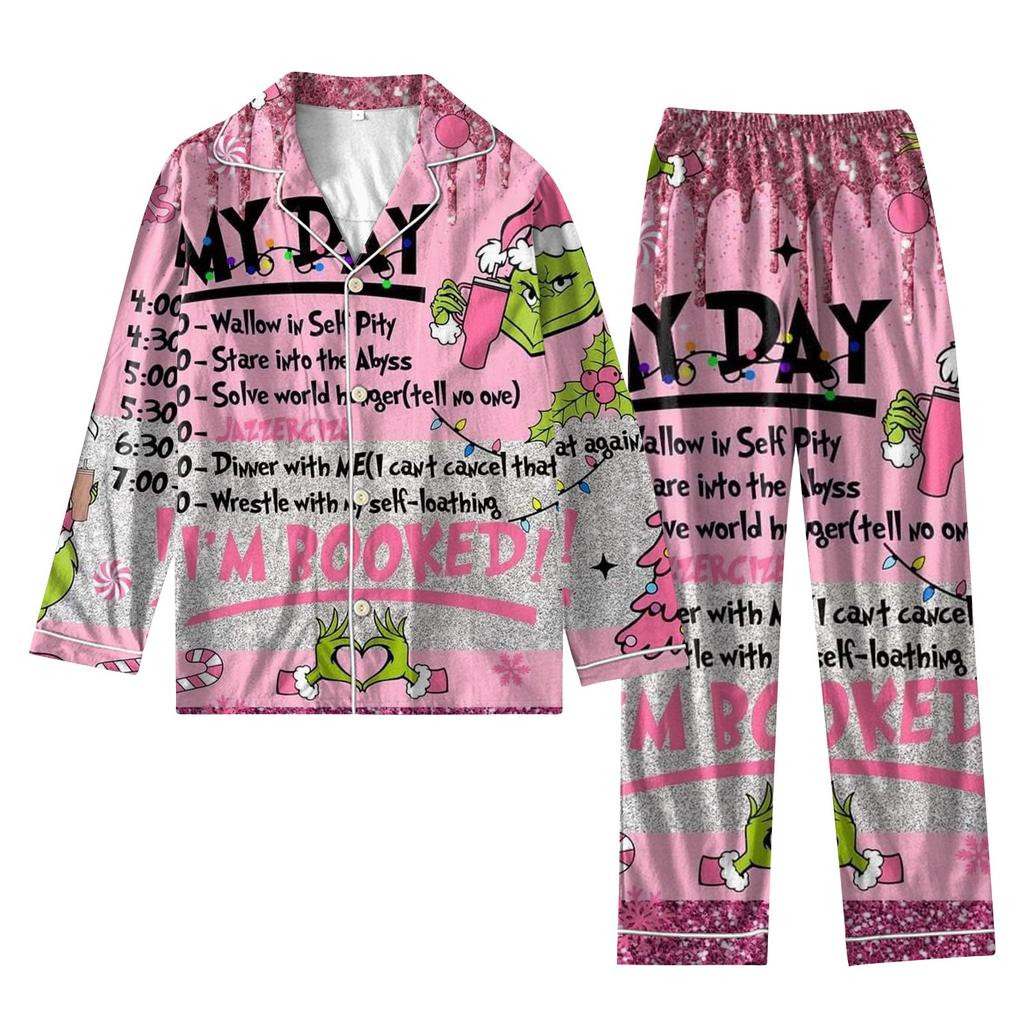 Женский костюм из 2 предметов с принтом, топ на пуговицах с длинными рукавами, широкие брюки, комплект, пижамный домашний повседневный костюм