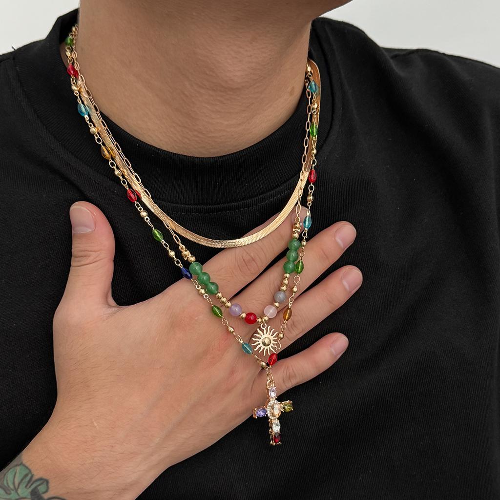 Colorful Crystal Necklace for Men, Trendy Hip-Hop Personality Cross Pendant Clavicle Chain for Men