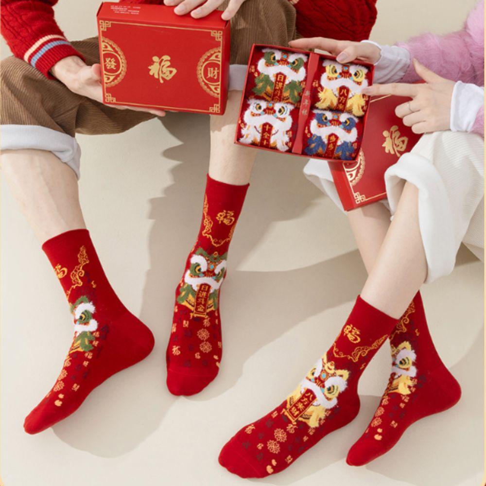 Couple New Year Red Socks Cotton Good Luck Socks Creative Lion Dance Red Socks Gifts