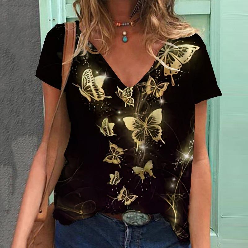 Летняя новая женская футболка с короткими рукавами и V-образным вырезом с принтом бабочки 3D