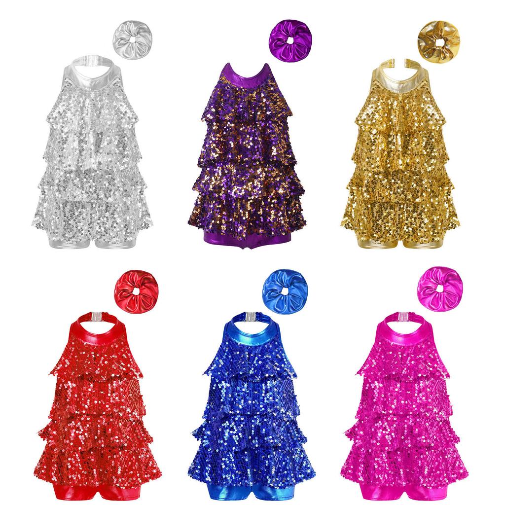 Kids Jazz Latin Costume Halter Leotard with Shiny Sequins Ruffles Metallic Hair Accessory