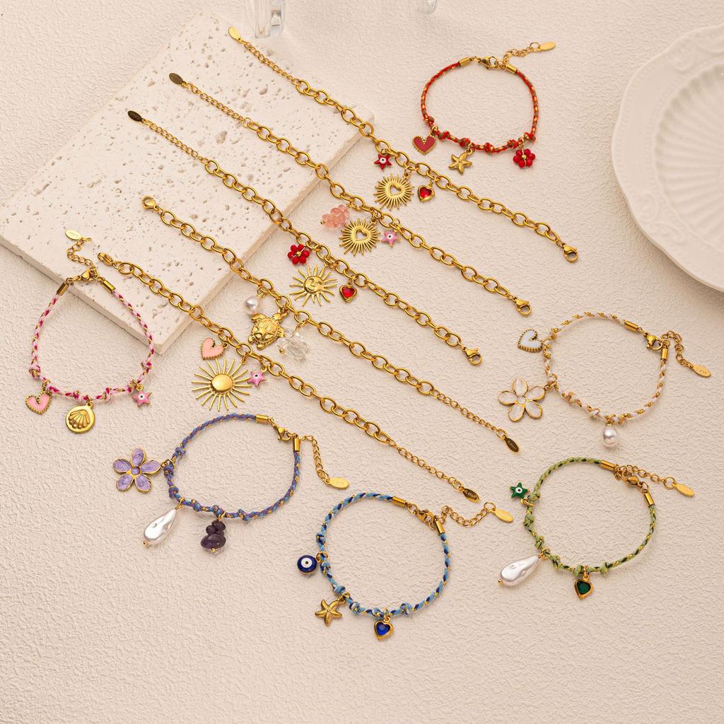 Handmade Color Braided Rope Titanium Steel Bracelet Women'S Light Luxury Multi-Pendant Summer Natural Stone