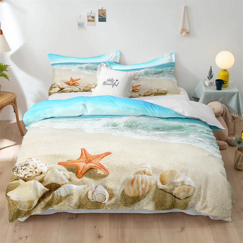 Beach Theme Duvet Cover Set Blue Ocean Bedding Set King Queen For Kids Girls Microfiber Seashell Starfish Print Comforter Cover