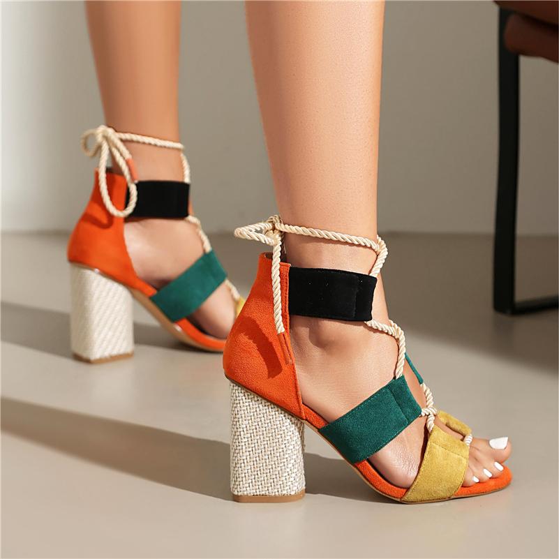 FOREADA Women Ankle Strap Sandals Round Toe Thick High Heels Cross Strap Mixed Colors Sexy Ladies Fashion Shoes Summer Orange 43