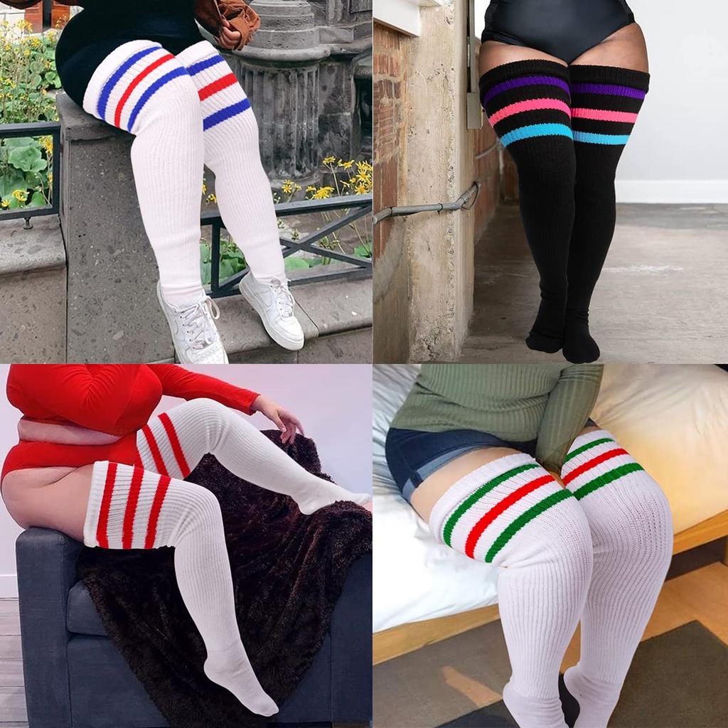 Женские чулки выше колена больших размеров (Подходит для полных бедер), Удлиненные толстые полосатые чулки выше колена, гетры для сапог