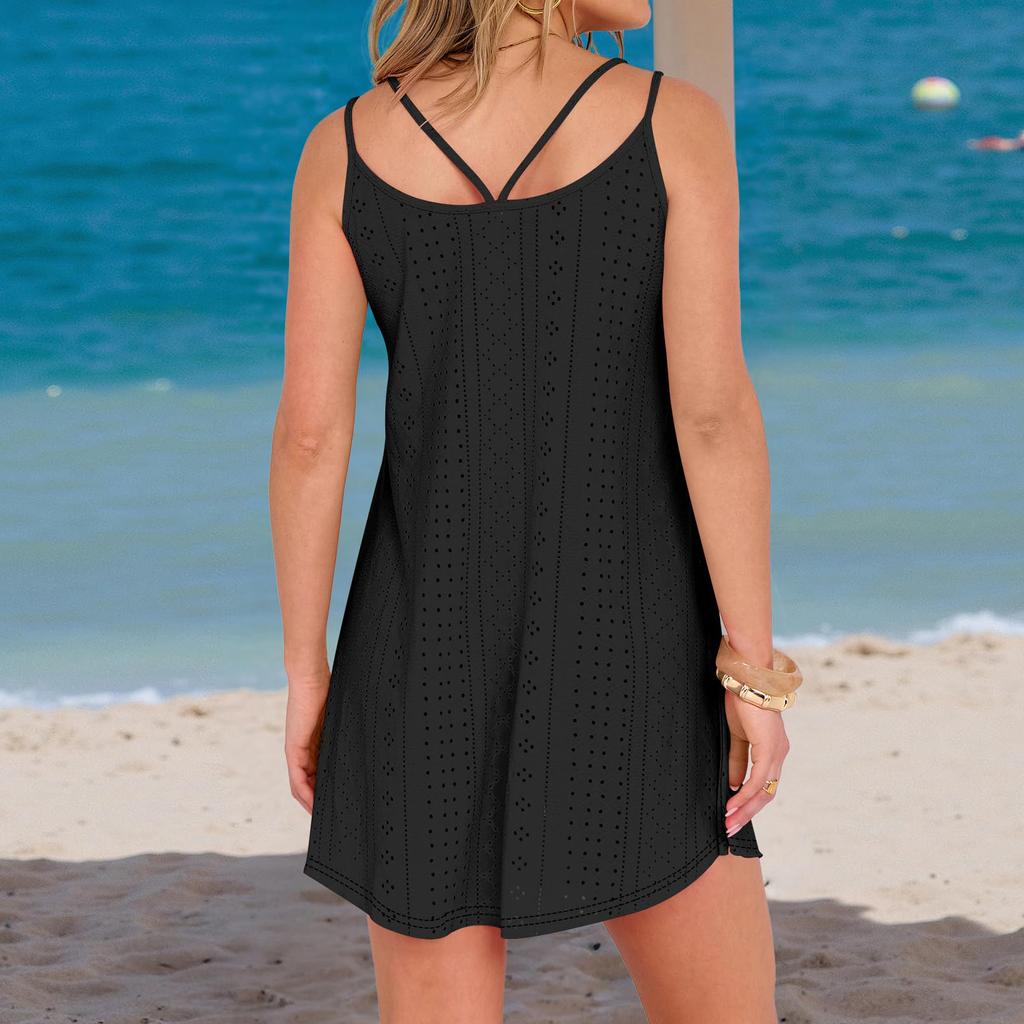 Женское пляжное платье-туника с вышивкой и тонкими бретелями, летнее платье