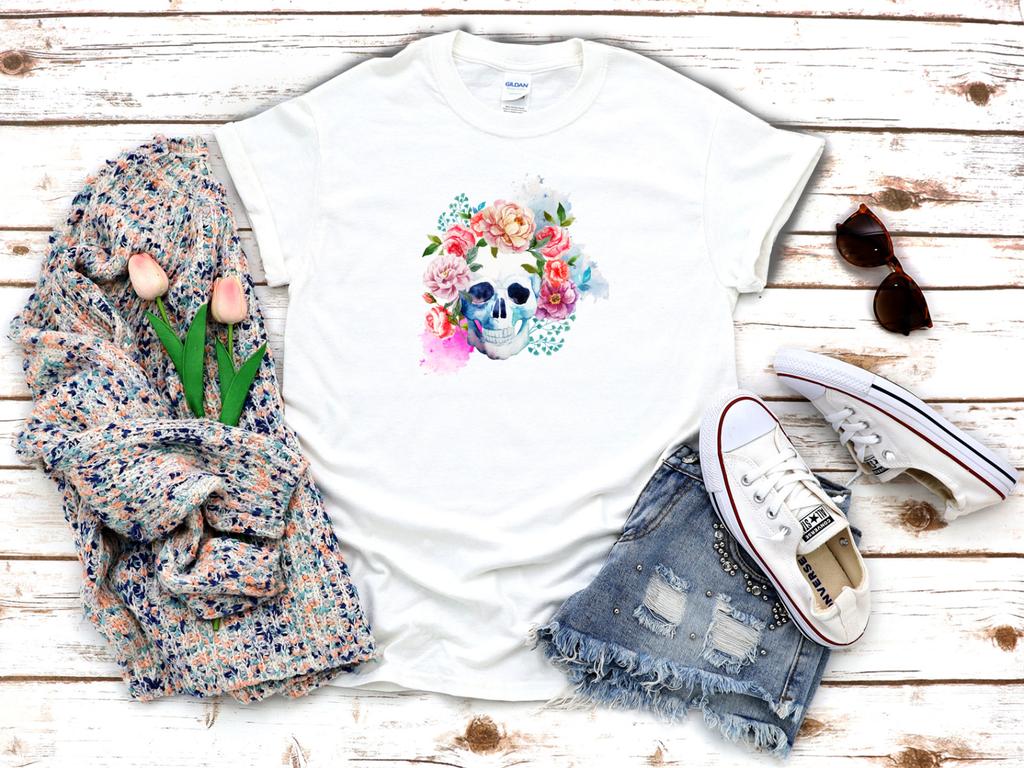 26 Skull With Flowers Watercolor Effect White Women's 3 4 Short Sleeve T-Shirt D336 Unisex T-Shirt