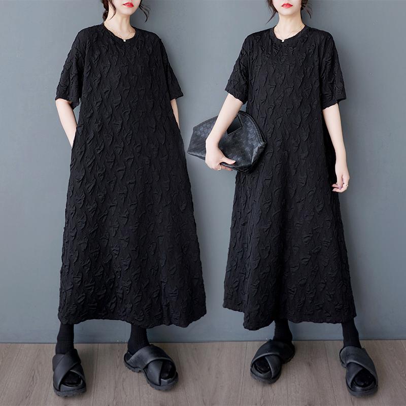 DIMANAF 2025 Платье большого размера Женское Летнее Длинное Платье-рубашка Повседневное Свободное Базовое Однотонное Винтажное Черное Платье Макси