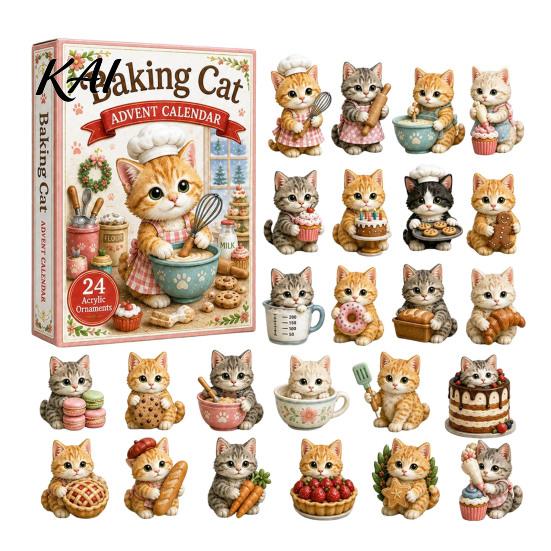 Decorative Christmas Accents Cat Advent Calendar, 24 Day Countdown with Cute Ornaments, Calendar 2D Acrylic Kitty Holiday Decorations, Gift for