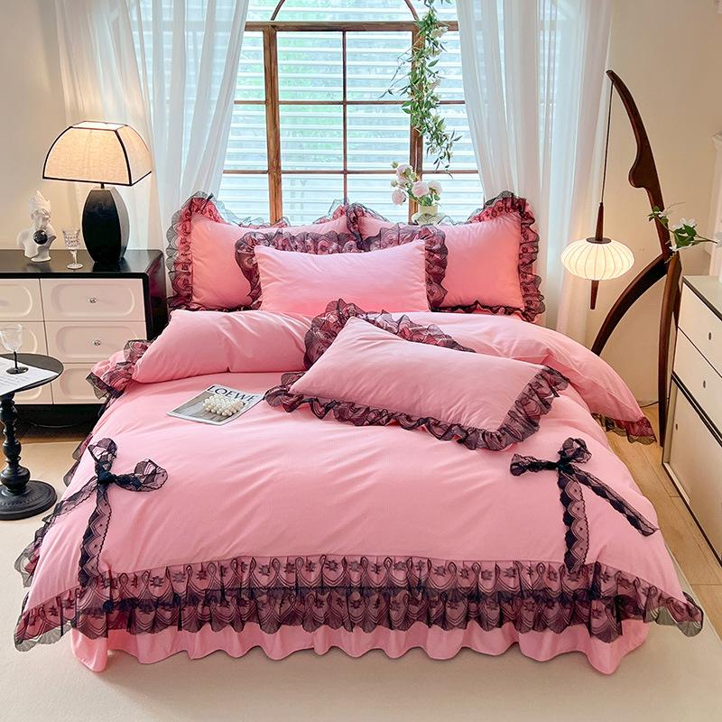 Покрывало из хлопка в стиле принцессы, однотонное, кружевное, стираное, из четырех частей, сирсакер, кружево, двойной пододеяльник