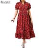 Women Turn Down Collar Short Sleeve Floral Print Loose Dress