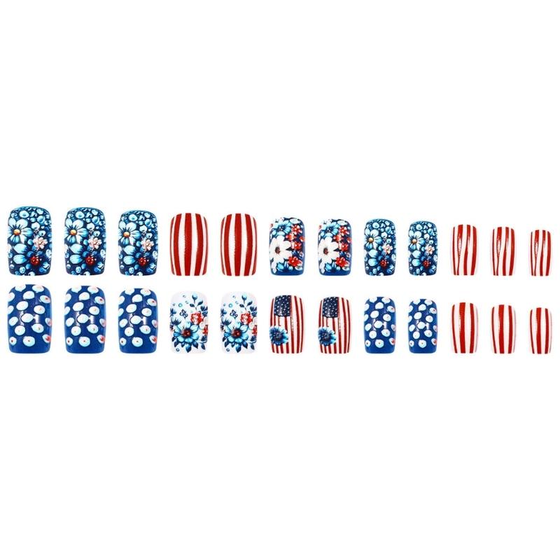 Independence Day Themed Press On Nail 24 Pieces Medium Square False Nail With Patriotic Flower Design For Celebrations