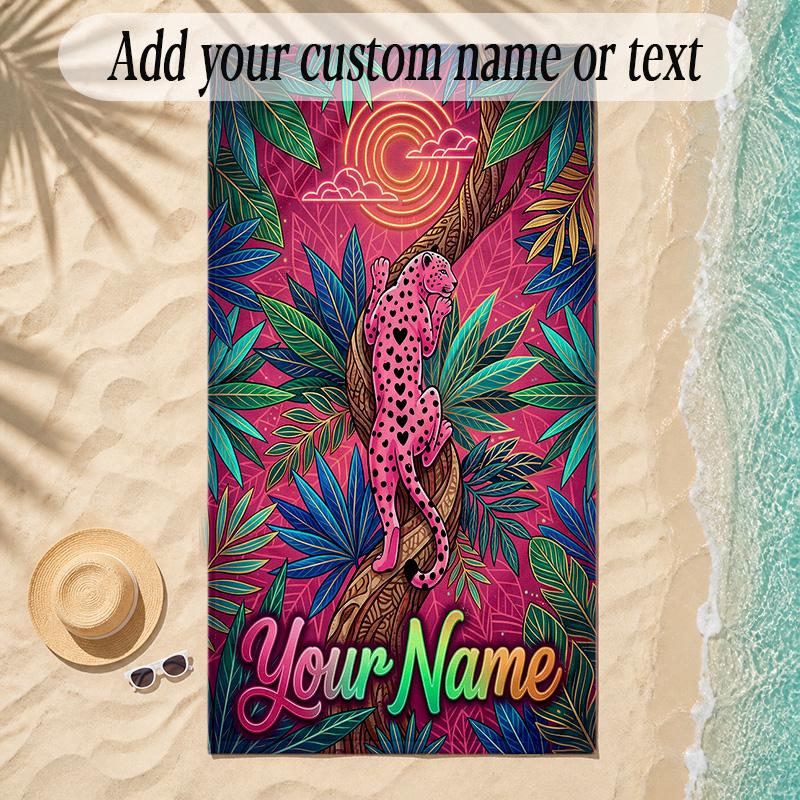 Leopard Theme Soft Beach Towel Personalized Custom Name Text Towel Portable for Beach Pool Travel