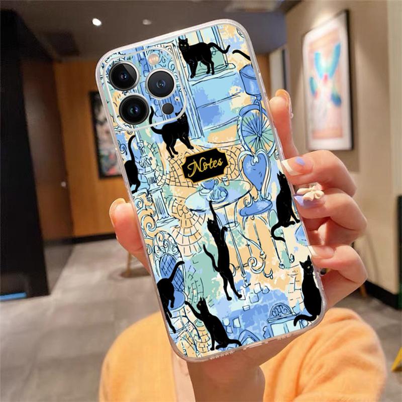 Чехол для телефона для iphone 17 Pro Air 17ProMax 16 15 14 13 Pro Max 16 15 14 13 Pro 15Plus Черный Кот Цветочный Арт