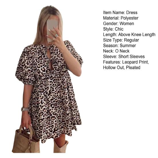 Summer Women Dress Lace-up Bow Decor Hollow Out O Neck Leopard Print Short Puff Sleeves Solid Color A-line Pleated Dating Party Mini Dress