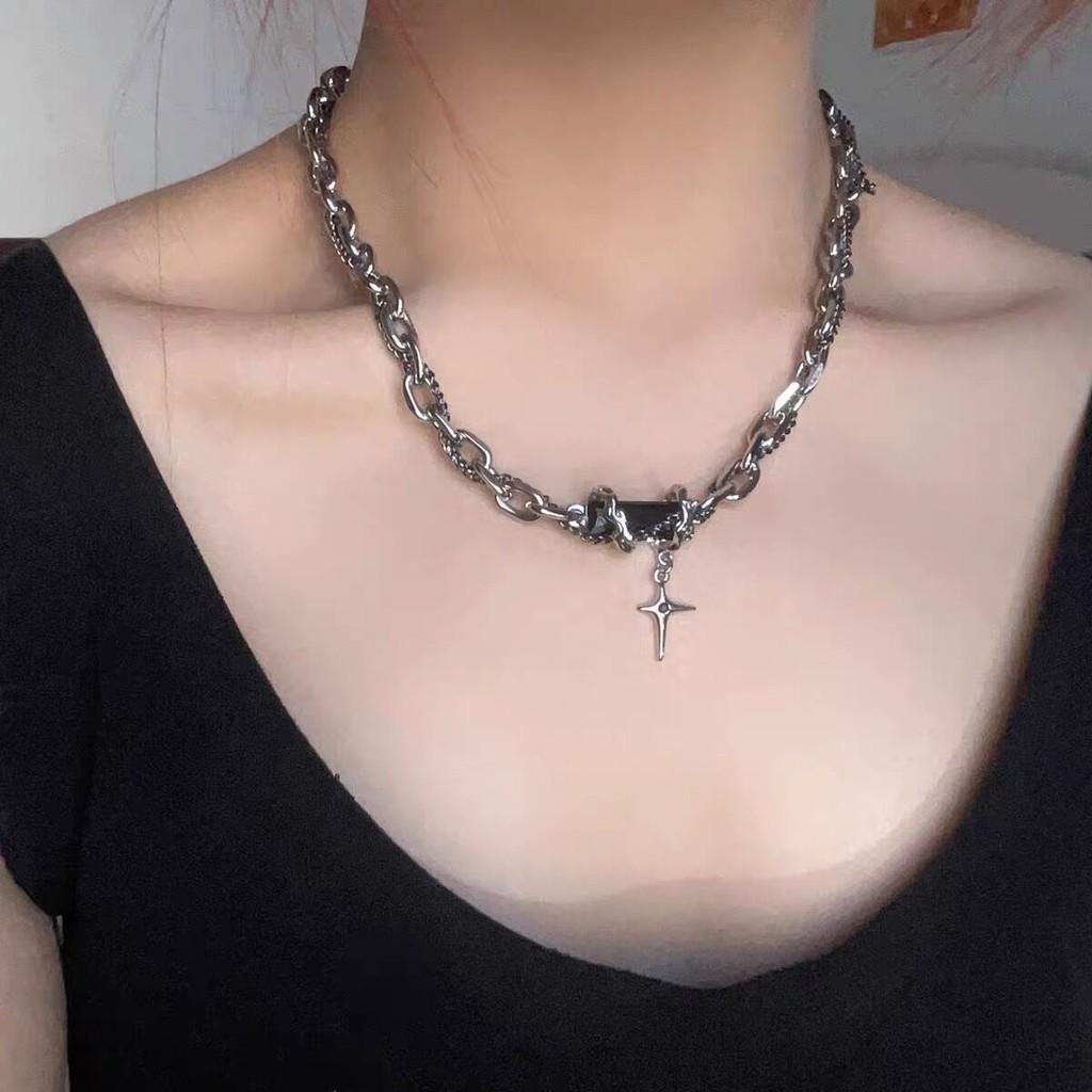 iF ME Wrapped Obsidian Cross Necklace Y2K Silver Clavicle Chain Choker for Women Jewelry Accessories