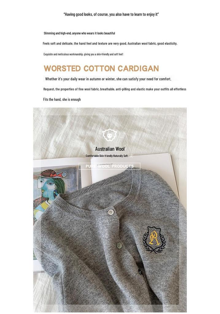 Women's Solid Color Pure Wool Cardigan with Embroidery Badge - Korean Style Round Neck Knit Outerwear for Autumn and Winter