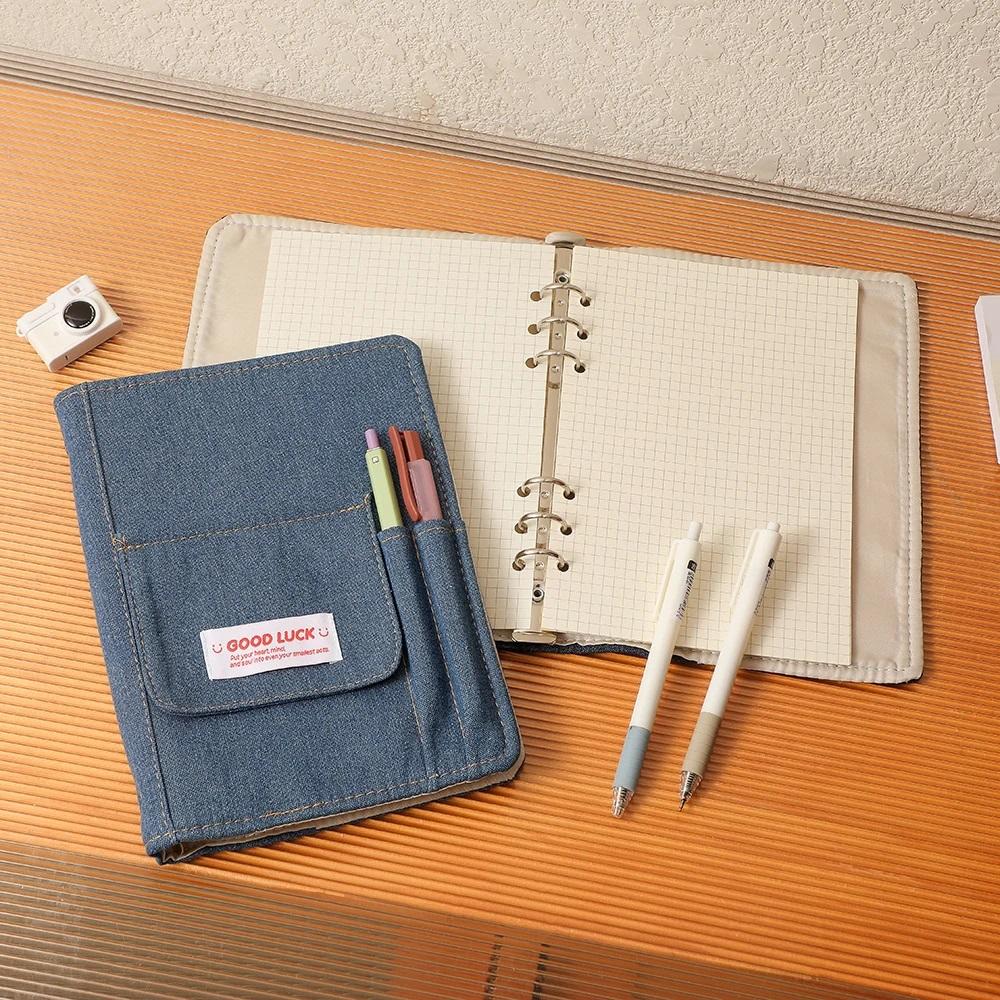 Denim Cover Notebook Binder A5 Size Y2K Kpop Loose Leaf Book With Pen Pocket 100 Sheets Line Grid DIY Diary Album