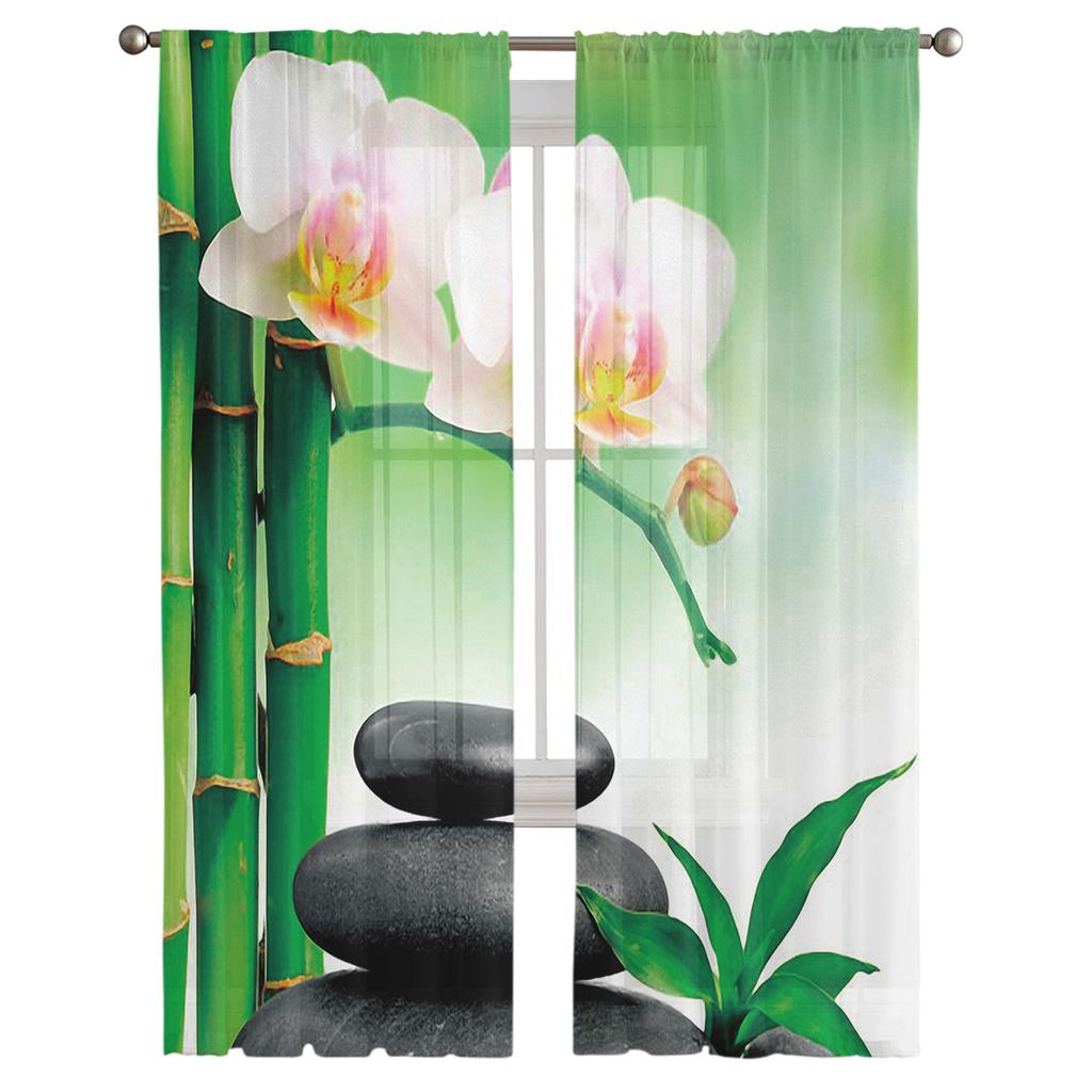 Zen Stones Orchids Flower Green Bamboo Tulle Curtains For Living Room Bedroom Decor Transparent Sheer Voile Window Curtain