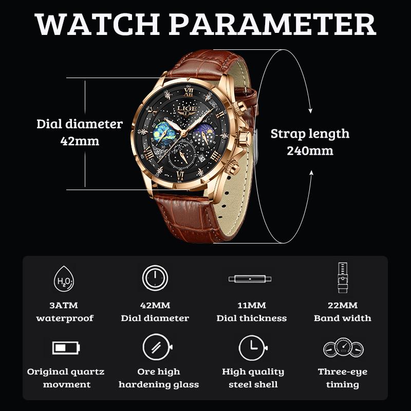 LIGE Новые модные мужские часы, роскошные деловые кожаные мужские часы со звездным небом, кварцевые часы с ночным светом, водонепроницаемые наручные часы, автоматические часы с кодом даты и времени