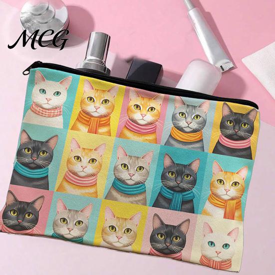 Leak-proof Storage Pouch Cat Printed Bag, with Smooth Zipper, Thickened Polyester Black Zipper Bag Makeup Multipurpose Pencil Case Travel Toiletry