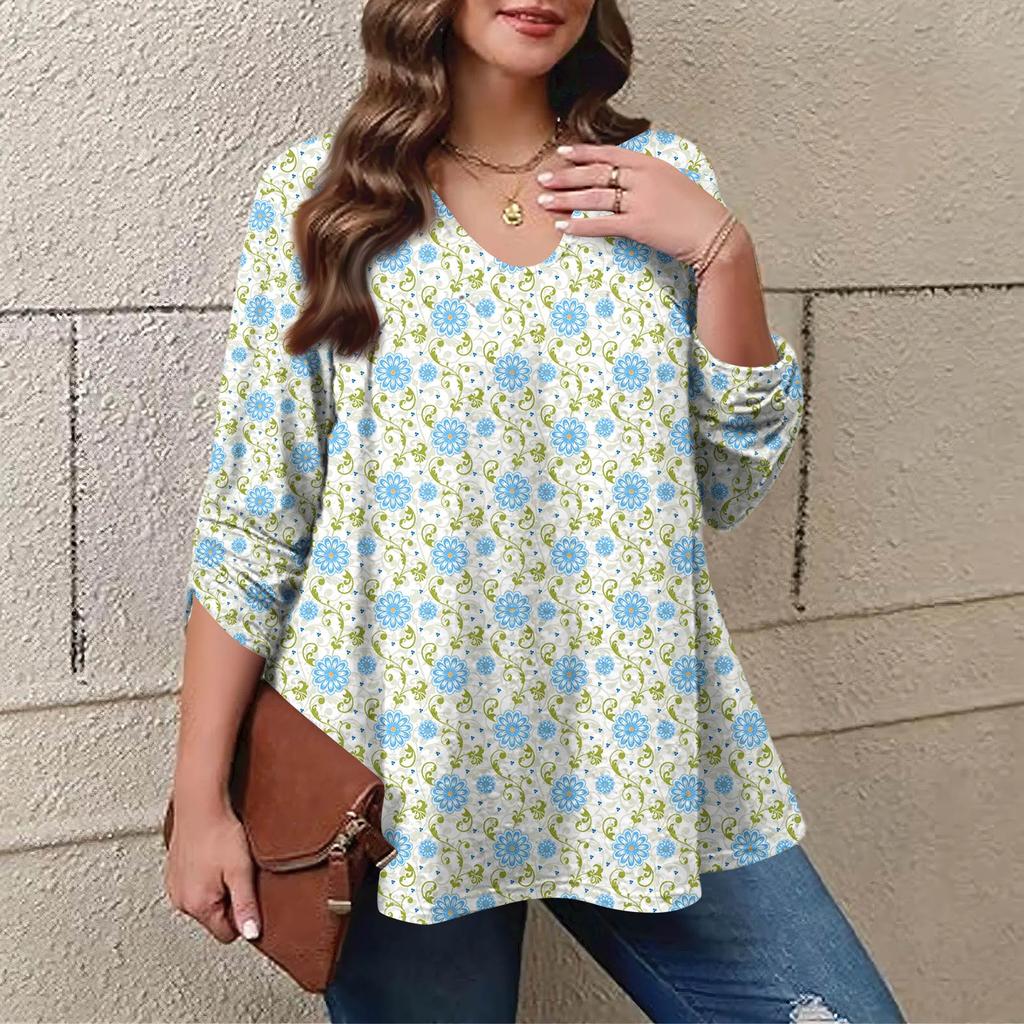 Women's Plus Size Fashion Printed Casual Pleated Round Neck Long Sleeve Top