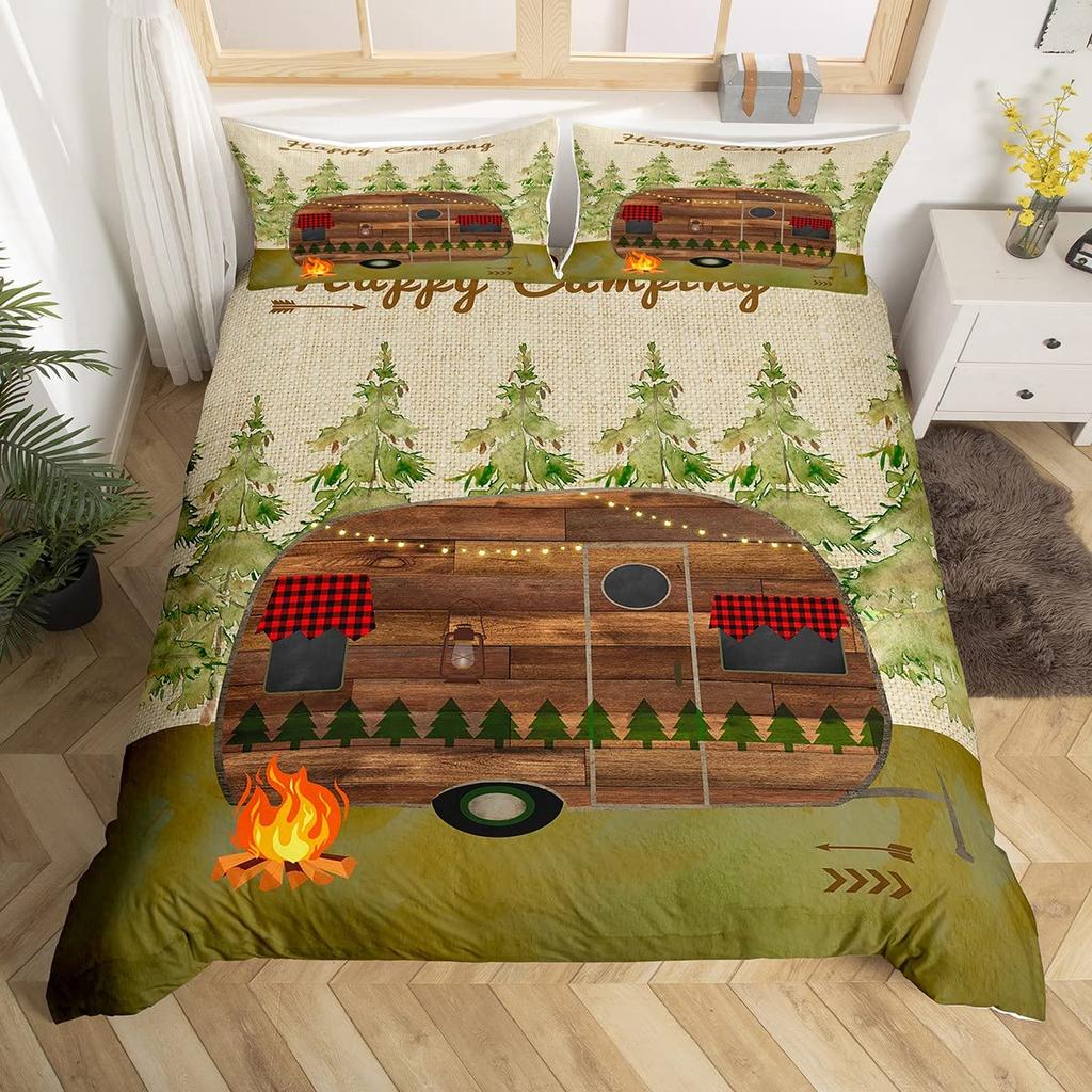 Пододеяльник Happy Camping Camper Комплект постельного белья Plants Outdoor Travel Adventure Одеяло Cover Camper Car Blue Sky Quilt Cover