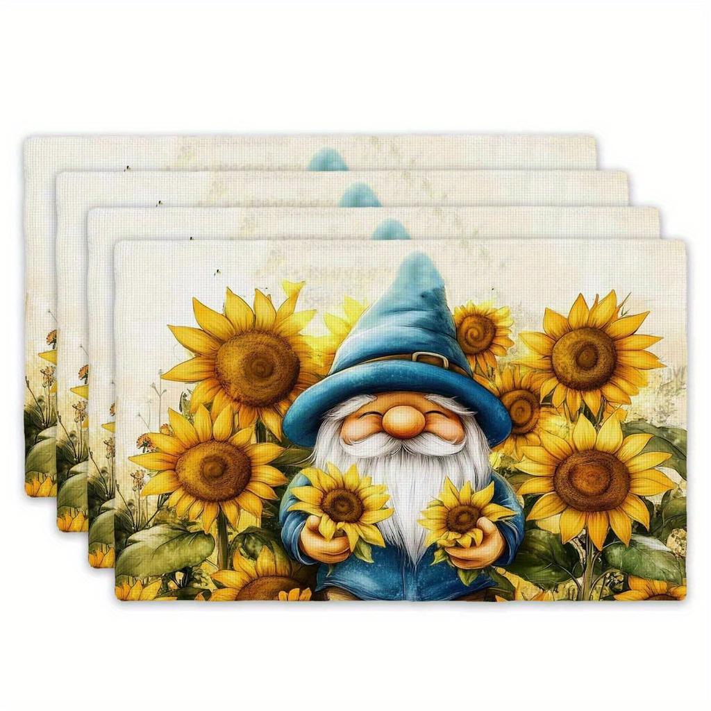 4pc s Whimsical Gnome & Sunflower Placemats, 12x18" - Vibrant Polyester Table Mats for Dining, Perfect for Parties, Camping, Trav