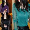 T-shirt Shiny Mesh T-Shirts Long Sleeve Turtleneck Party Blouses Tight Slim Top