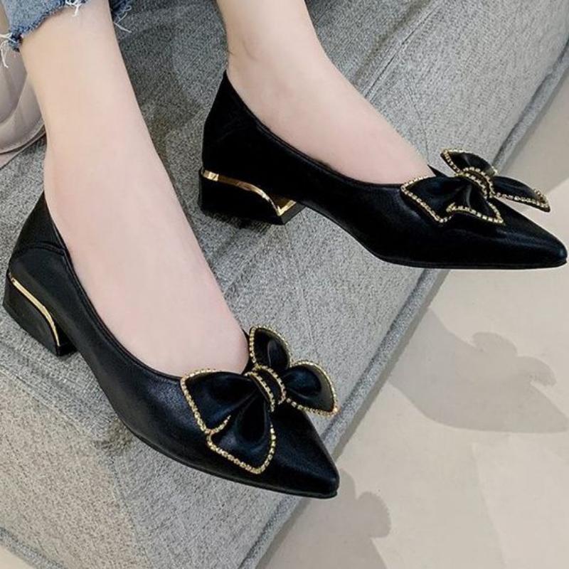 Shoes for Woman 2026 Office Women's Summer Footwear with Bow Low Heel Elegant Pointed Toe Black Casual E on Offer Shoe Y2k Sale