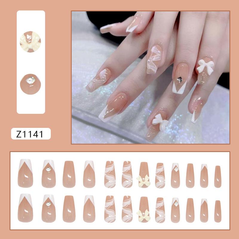 Shining Sugar Cube Diamond Bow Satin French Fairy Sweet ins Wind Removable Nail Art 24 Pieces