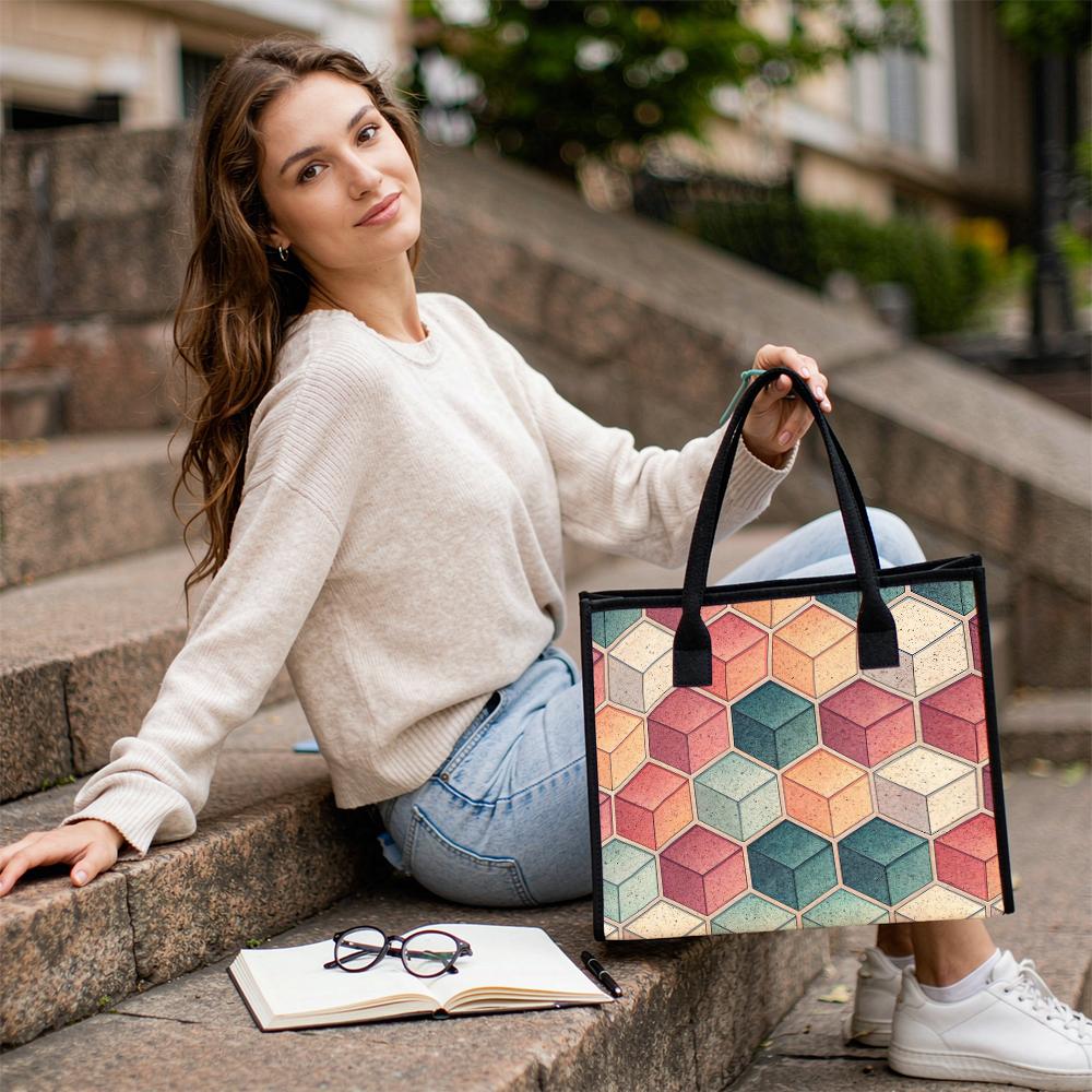 Geometric Hexagon Pattern Tote Bag Fashion Daily Commuter Shoulder Bag Casual Portable Shopping Handbag