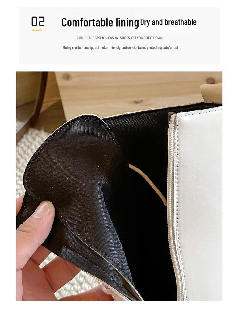 Non-Slip Leather High-Top Kids Boots with Side Zippers, Spring/Autumn, Wear-Resistant, Dr. Martens Inspired, Available in Off-White and Black.