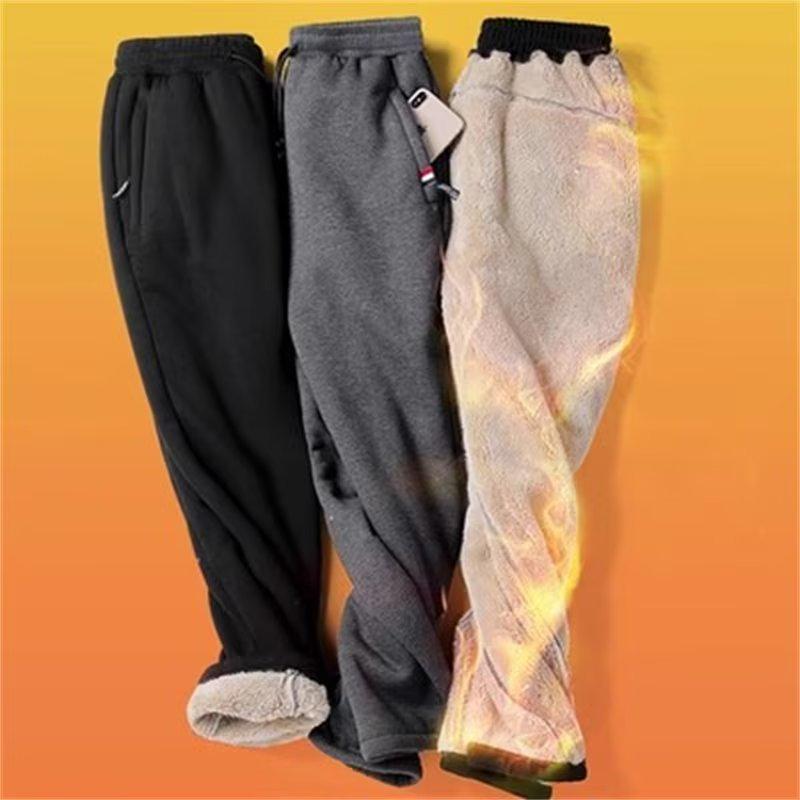 Мужские толстые теплые повседневные брюки из овчины - большие, свободный крой, 3 цвета, с карманом на молнии