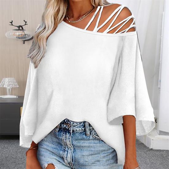 Женский топ с вырезом на одно плечо, косая шея, сплошной цвет, с буквенным принтом, свободные рукава три четверти, мягкая дышащая женская футболка средней длины