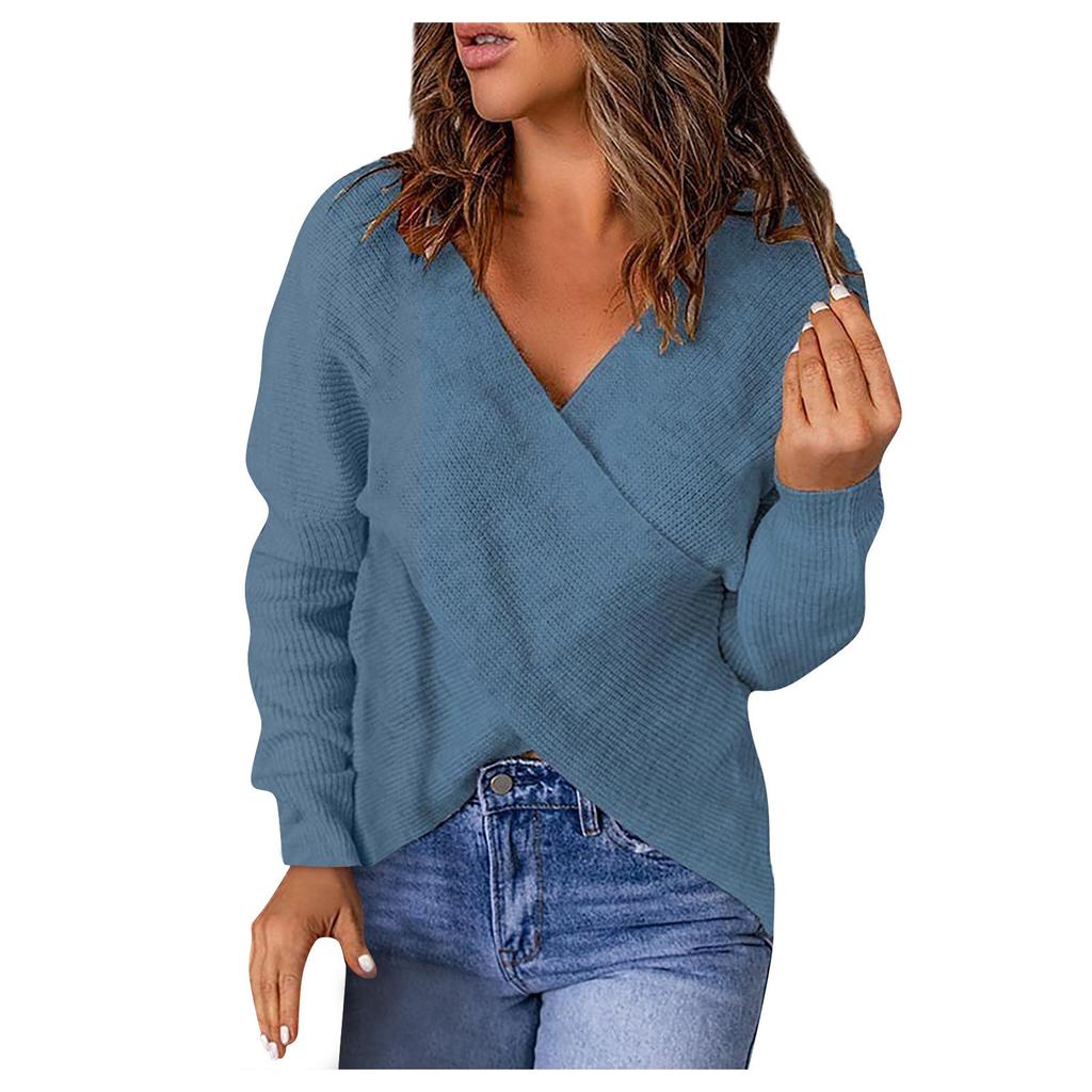 Женский повседневный однотонный свободный вязаный свитер с v-образным вырезом, вязаный свитер в рубчик