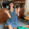 Summer Denim Dress A-line Big Color Pockets Hem Sleeveless Solid V Neck Single-breasted Cardigan Pleated Patchwork Mini
