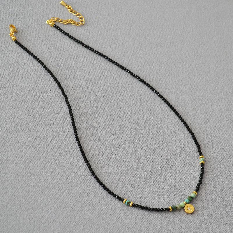 Французский нишевый дизайн, простое ретро литературное черное шпинельное бирюзовое круглое фирменное ожерелье со звездой на ключицу, цепочка для женщин