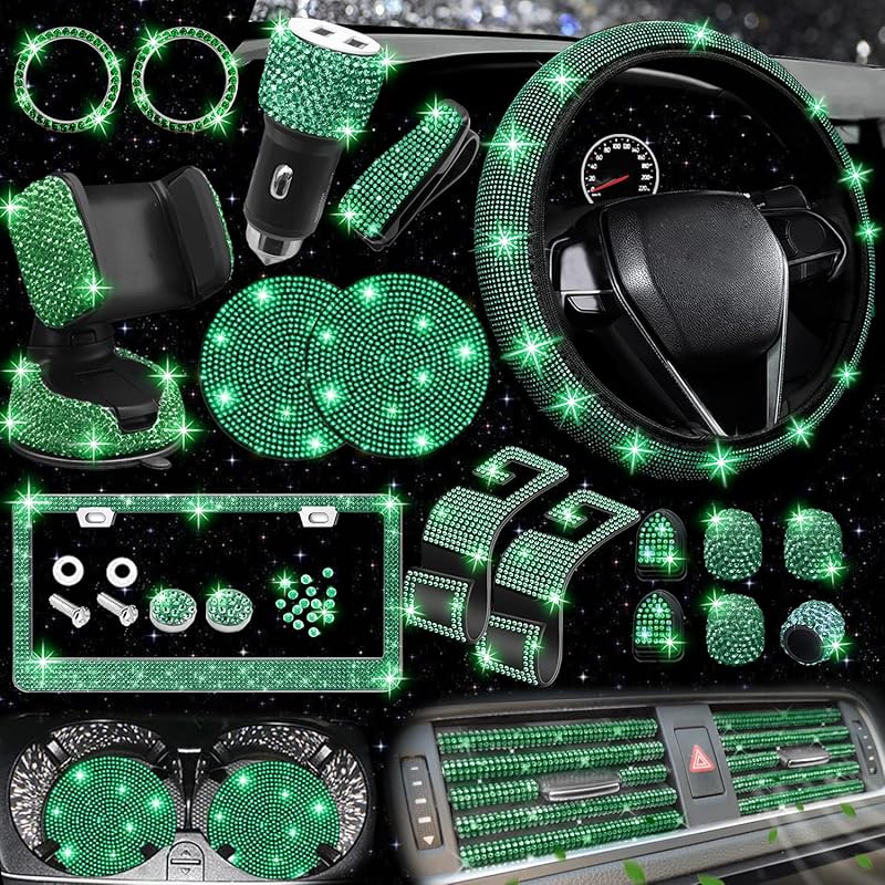 NBTEPEM 27-Piece Bling Car Accessories Set - Universal Fit Steering Wheel Covers, License Plate Frames, Phone Holder, Car Fast Charger, Coasters
