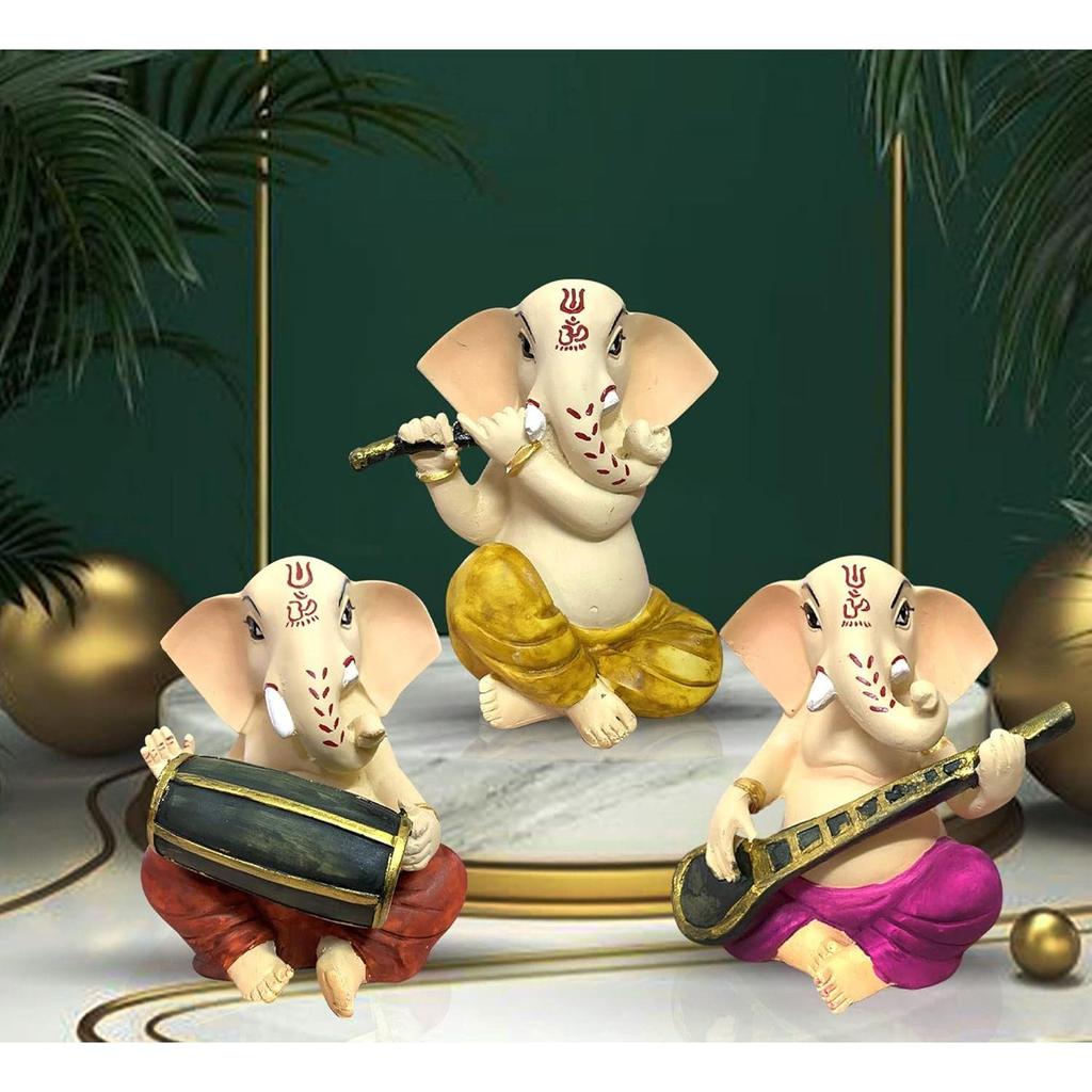 Сидящий Ганеша с музыкальными инструментами Декоративная статуэтка для домашнего декора - (Набор из 3 предметов, разноцветный)