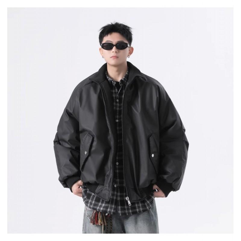 Mens Stand Collar PU Leather Jacket Vintage Streetwear Loose Fit Biker Style Young Adults