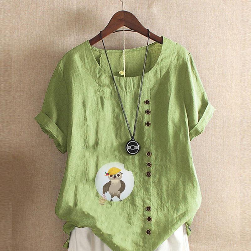 Women's Fashion Round Neck Short Sleeve T-shirt Casual Cotton Linen Graphic Shirt Leisure Loose Owl Prined Summer Blouse Tops