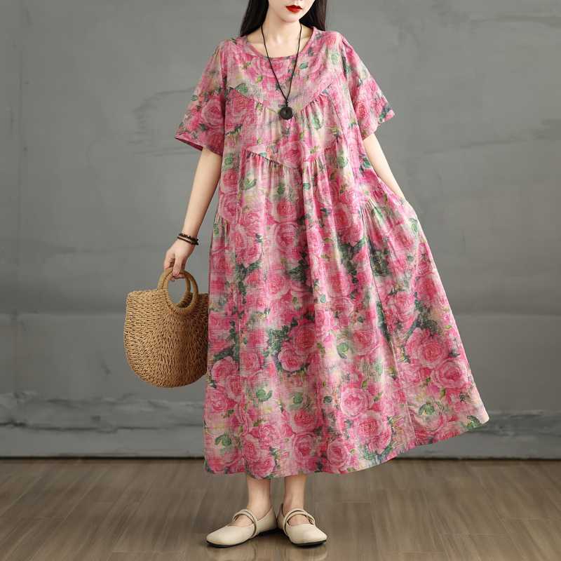Ретро хлопково-льняное платье с круглым вырезом и короткими рукавами для женщин, свободная А-силуэтная юбка