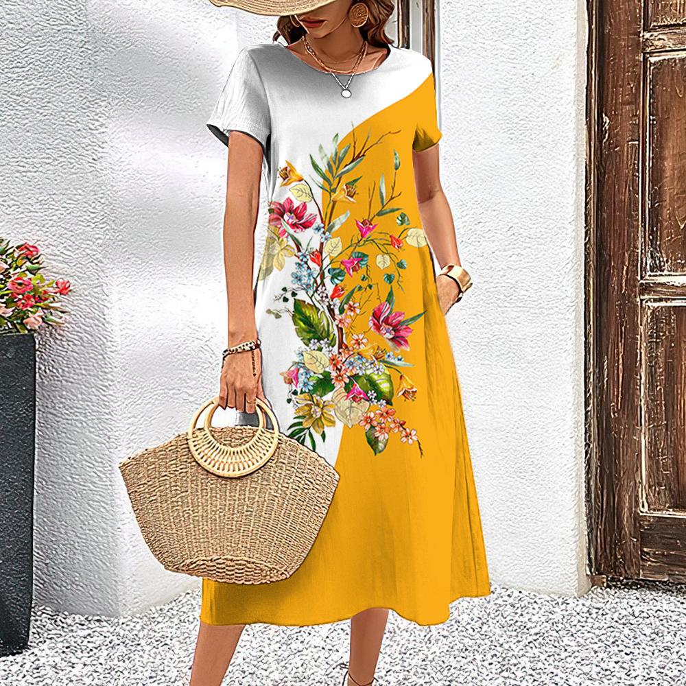 Элегантные женские платья, модные женские топы с короткими рукавами, повседневные женские свободные платья А-силуэта, пуловеры, простые цветы, одежда