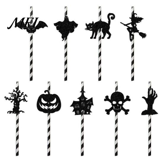 Halloween Celebration Accessories 9 Pcs Paper Straws, Glitter Pumpkin Bat Witch Ghost Cat Drinking Eco Friendly Party Straws Straw, Black White Stripe