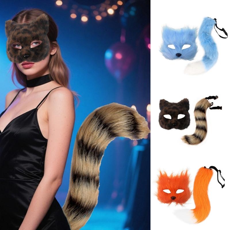 Костюмы Лисы Косплей Маска Лисы Кошки Маска на Пол-лица Набор Хвостов Лисы Хэллоуин Животное Карнавальный Костюм Аксессуары Набор